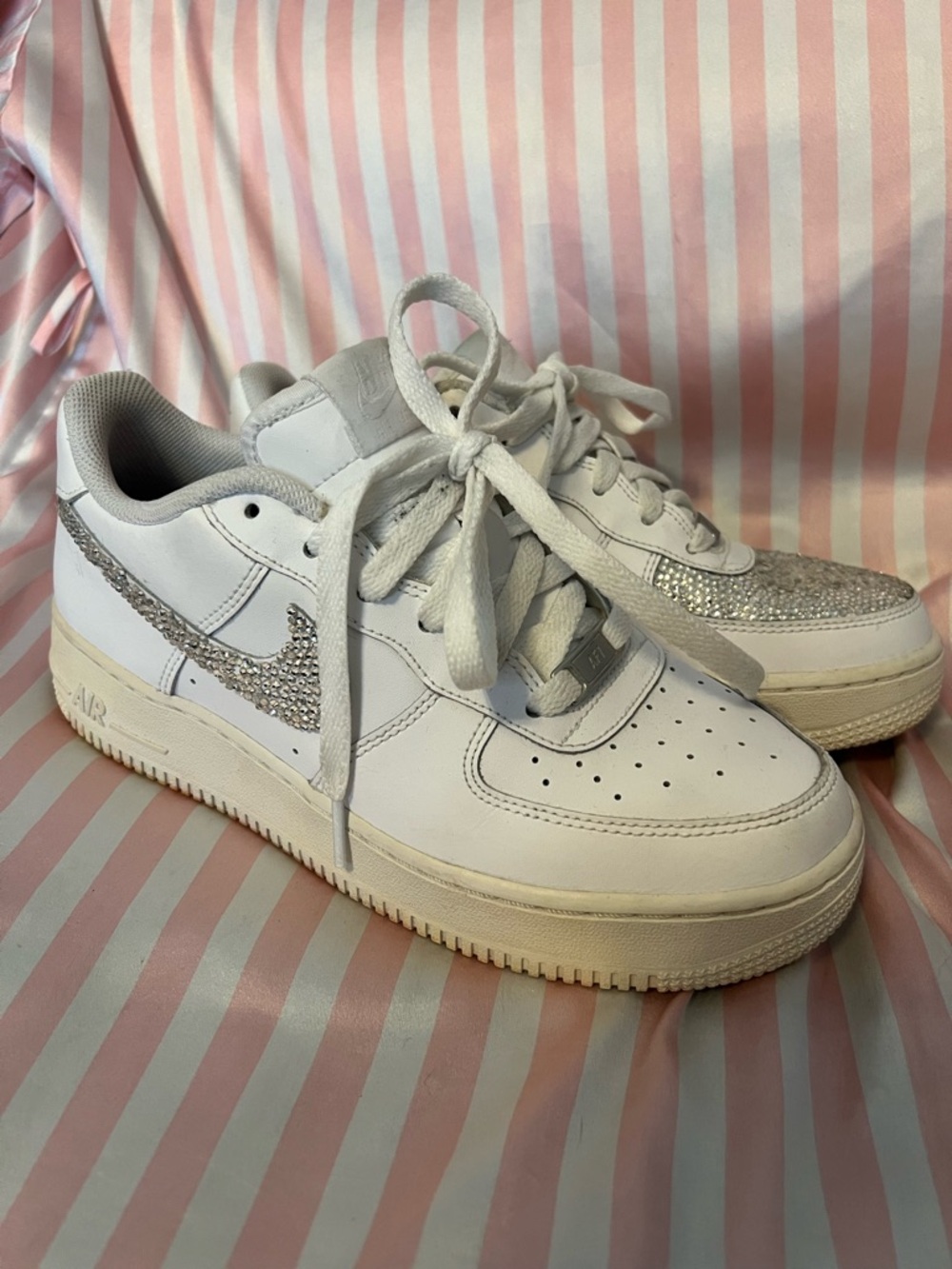 Nike Women’s White Air Force 1 Sneakers with Silver Crystal Swoosh